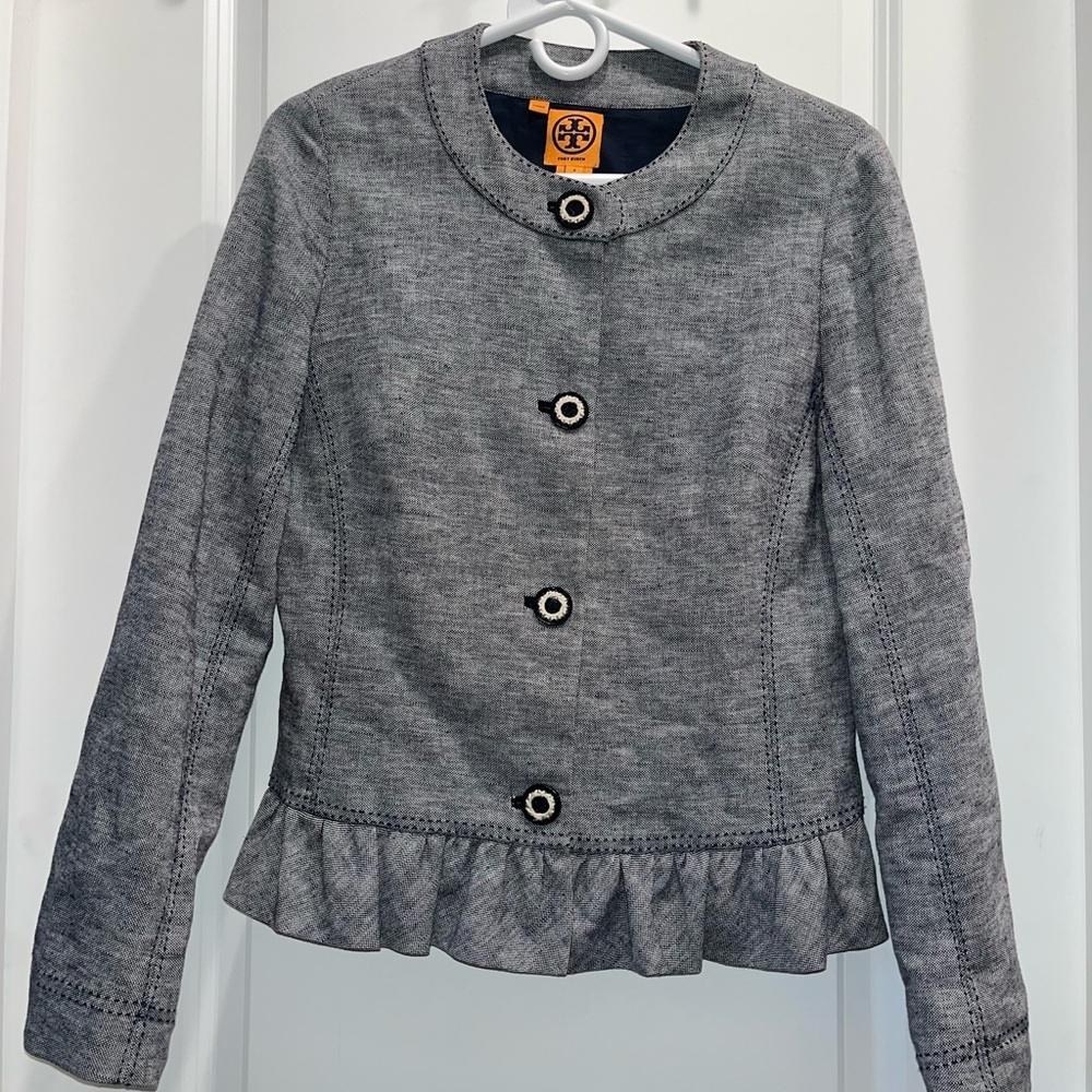 Tory Burch Ruffle Linen Hem Blazer